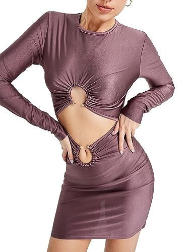 Midriff Fitted Dress with Metal Buckle | Long Sleeve Fitted Mid Dress