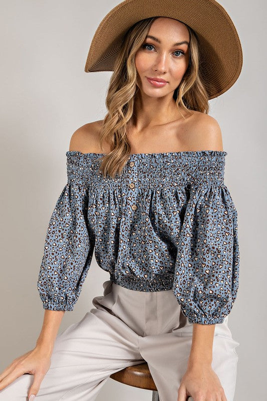 Smocked Animal Print Off the Shoulder Top