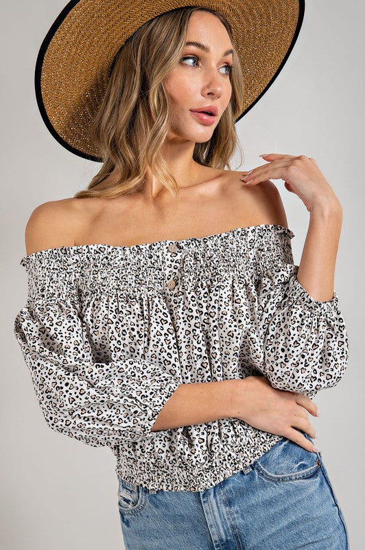 Smocked Animal Print Off the Shoulder Top