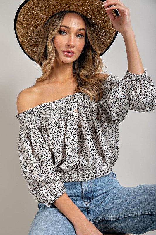 Smocked Animal Print Off the Shoulder Top