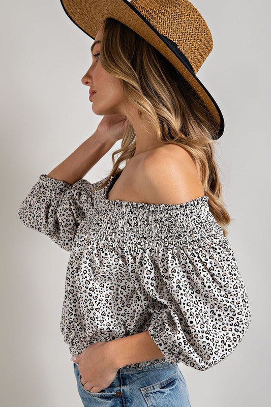 Smocked Animal Print Off the Shoulder Top