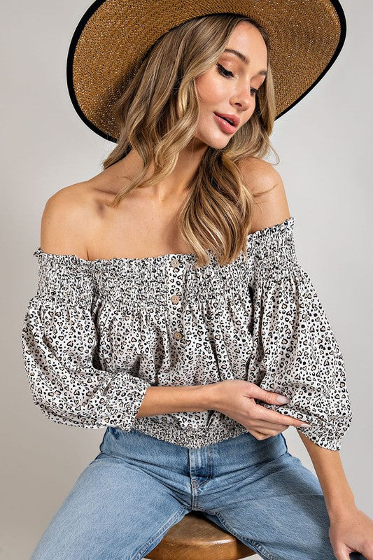 Smocked Animal Print Off the Shoulder Top