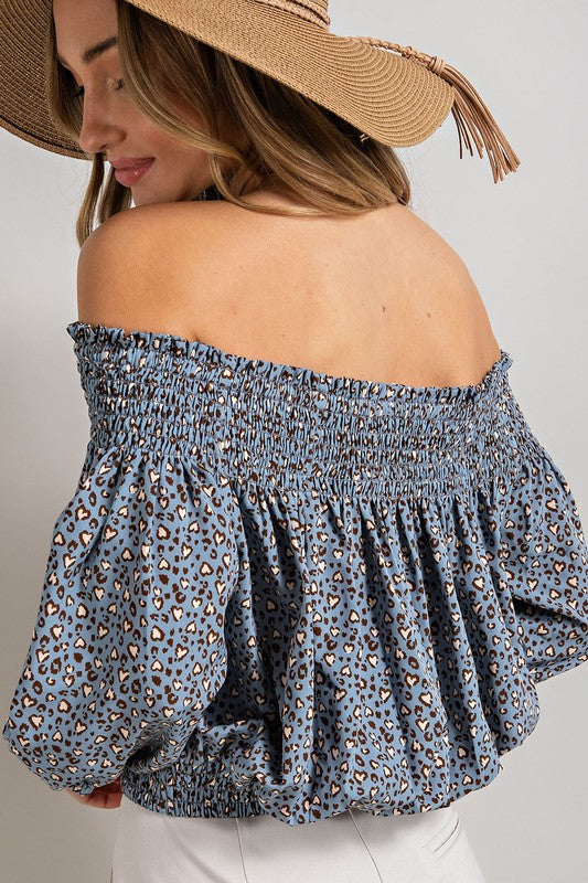 Smocked Animal Print Off the Shoulder Top