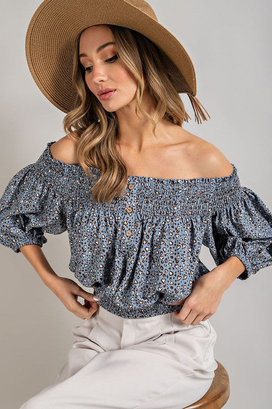 Smocked Animal Print Off the Shoulder Top