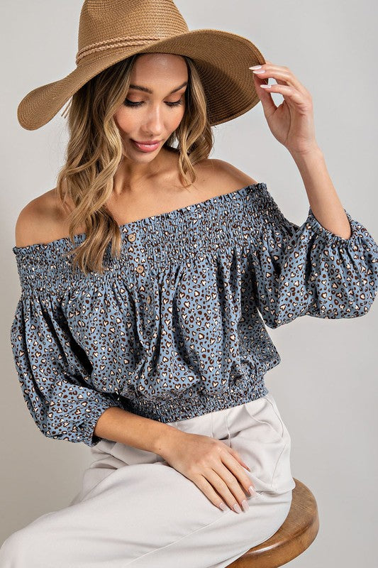 Smocked Animal Print Off the Shoulder Top