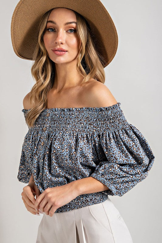 Smocked Animal Print Off the Shoulder Top