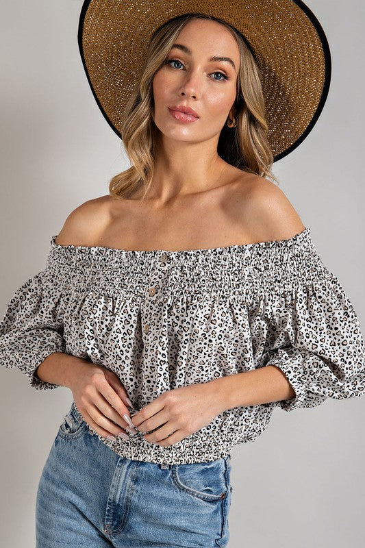 Smocked Animal Print Off the Shoulder Top