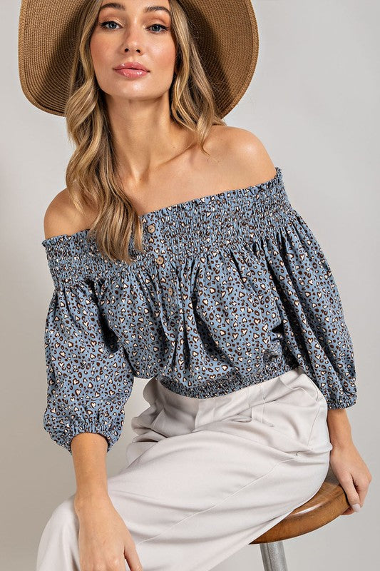 Smocked Animal Print Off the Shoulder Top