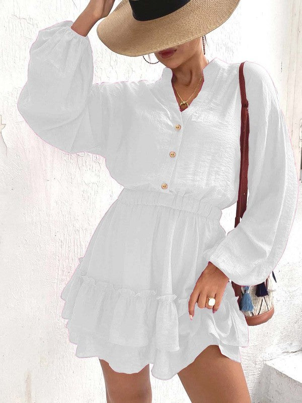 Long Sleeve Short Ruffle Dress with Buttons