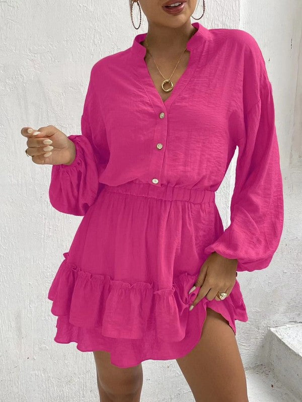 Long Sleeve Short Ruffle Dress with Buttons