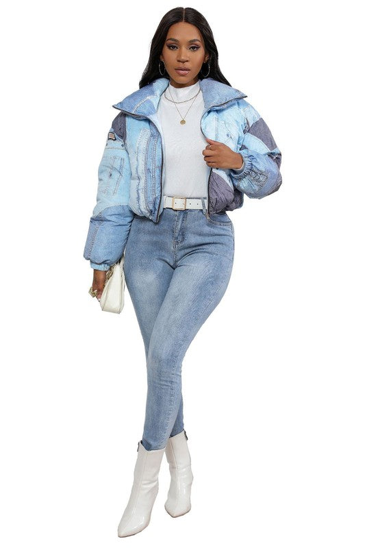 A Denim Look in a Puff Jacket