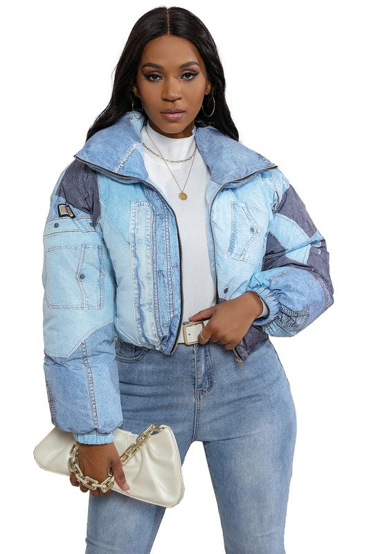 A Denim Look in a Puff Jacket