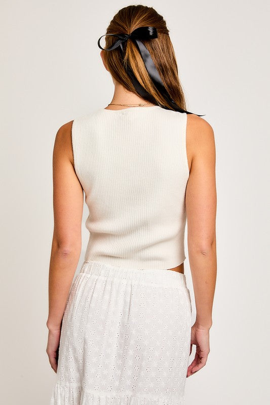 Satin Sleeveless Sweater | Top with Bow Detail