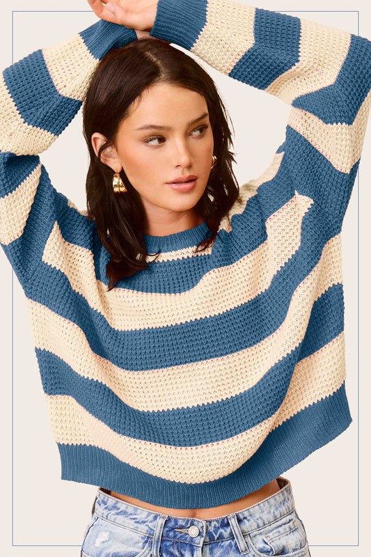 Striped Round Neck Loose Fit Fashion Sweater in  Assorted Colors