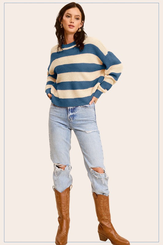 Striped Round Neck Loose Fit Fashion Sweater in  Assorted Colors