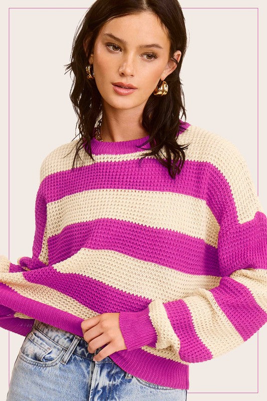 Striped Round Neck Loose Fit Fashion Sweater in  Assorted Colors