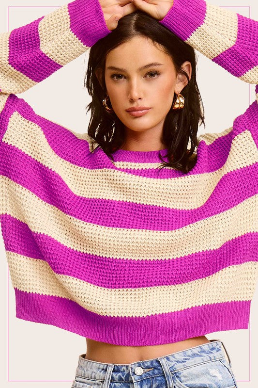 Striped Round Neck Loose Fit Fashion Sweater in  Assorted Colors