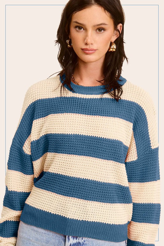 Striped Round Neck Loose Fit Fashion Sweater in  Assorted Colors