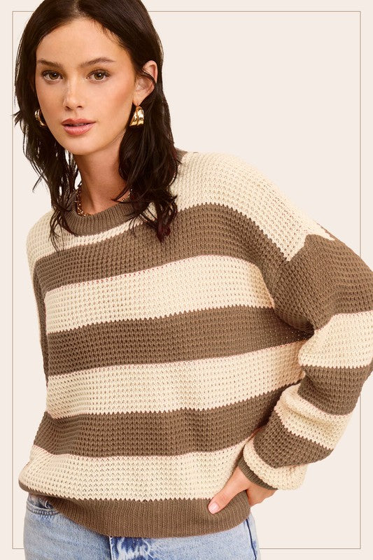 Striped Round Neck Loose Fit Fashion Sweater in  Assorted Colors