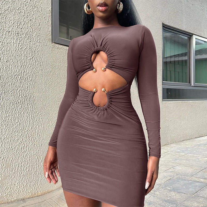 Midriff Fitted Dress with Metal Buckle | Long Sleeve Fitted Mid Dress