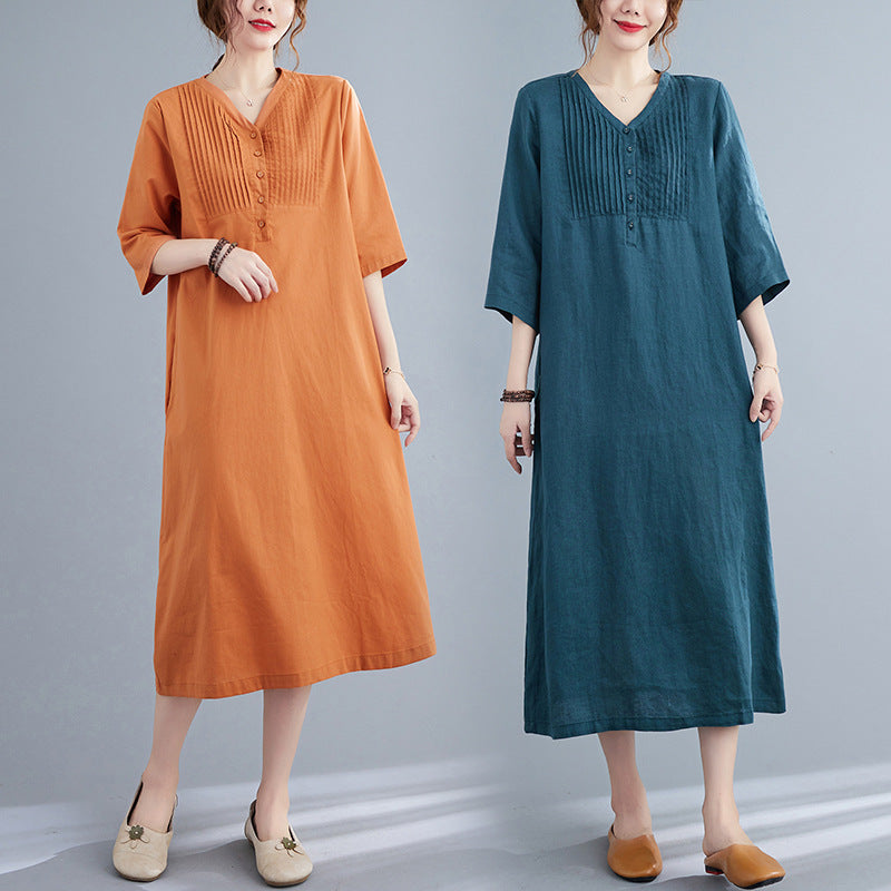 Loose Solid Color Cotton And Linen V-neck Dress