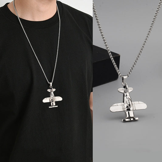 Long Propeller Plane Titanium Steel Necklace