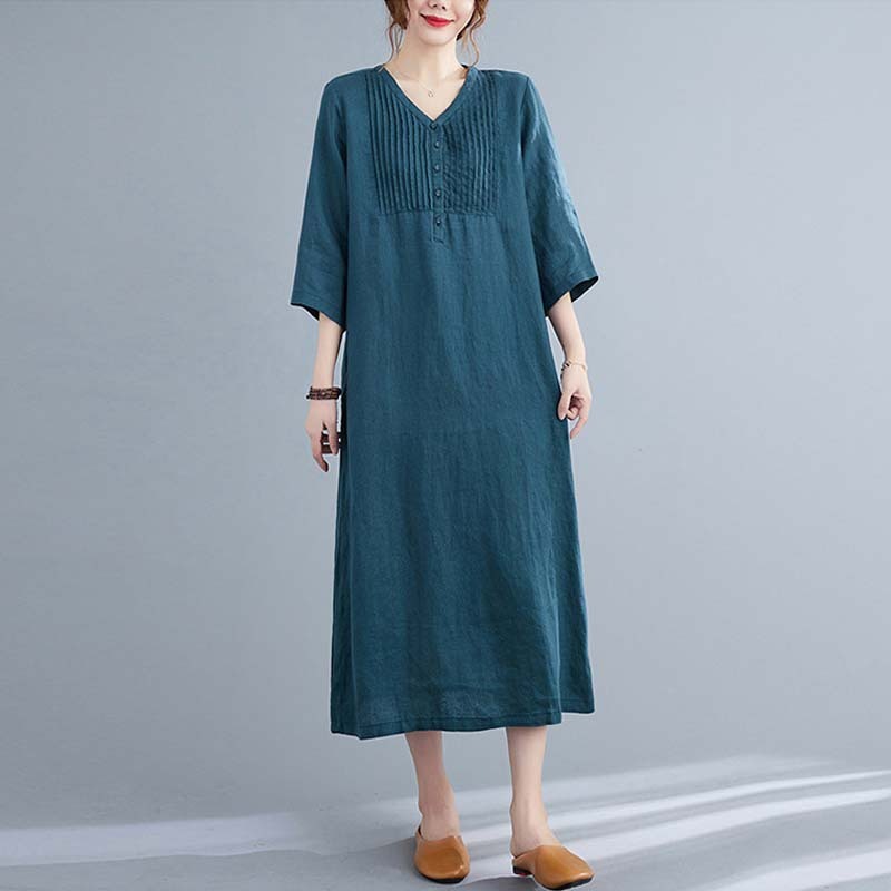 Loose Solid Color Cotton And Linen V-neck Dress