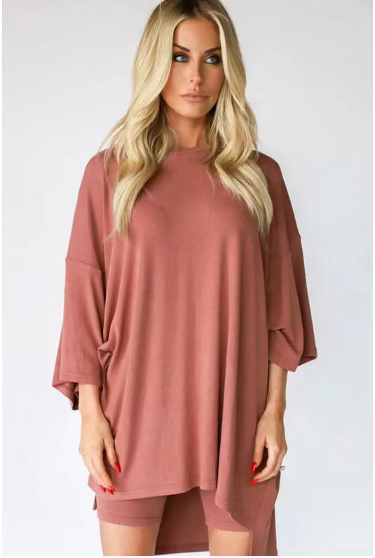 Fashion Solid Color Loose Oversized Shirt with matching Shorts