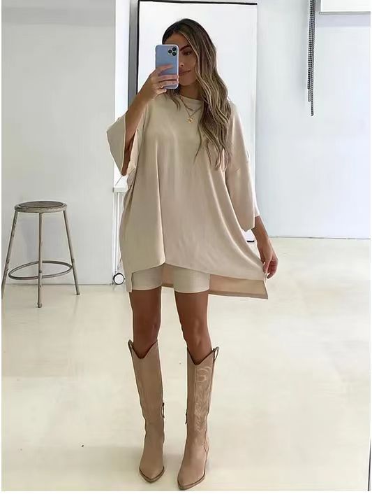 Fashion Solid Color Loose Oversized Shirt with matching Shorts