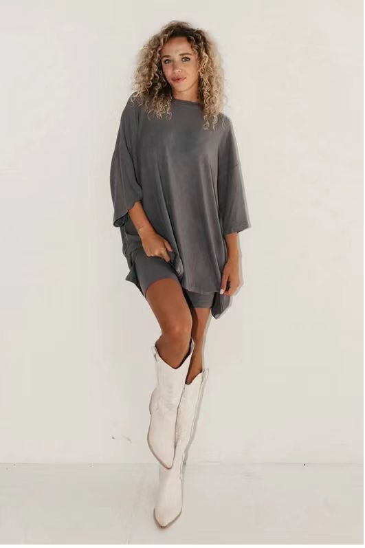 Fashion Solid Color Loose Oversized Shirt with matching Shorts