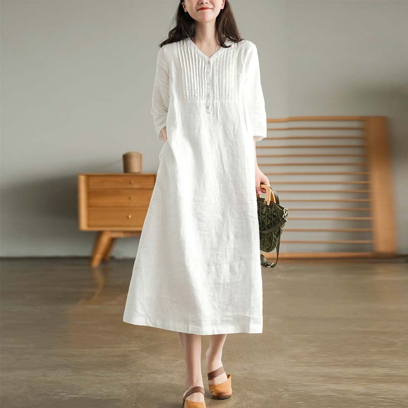 Loose Solid Color Cotton And Linen V-neck Dress