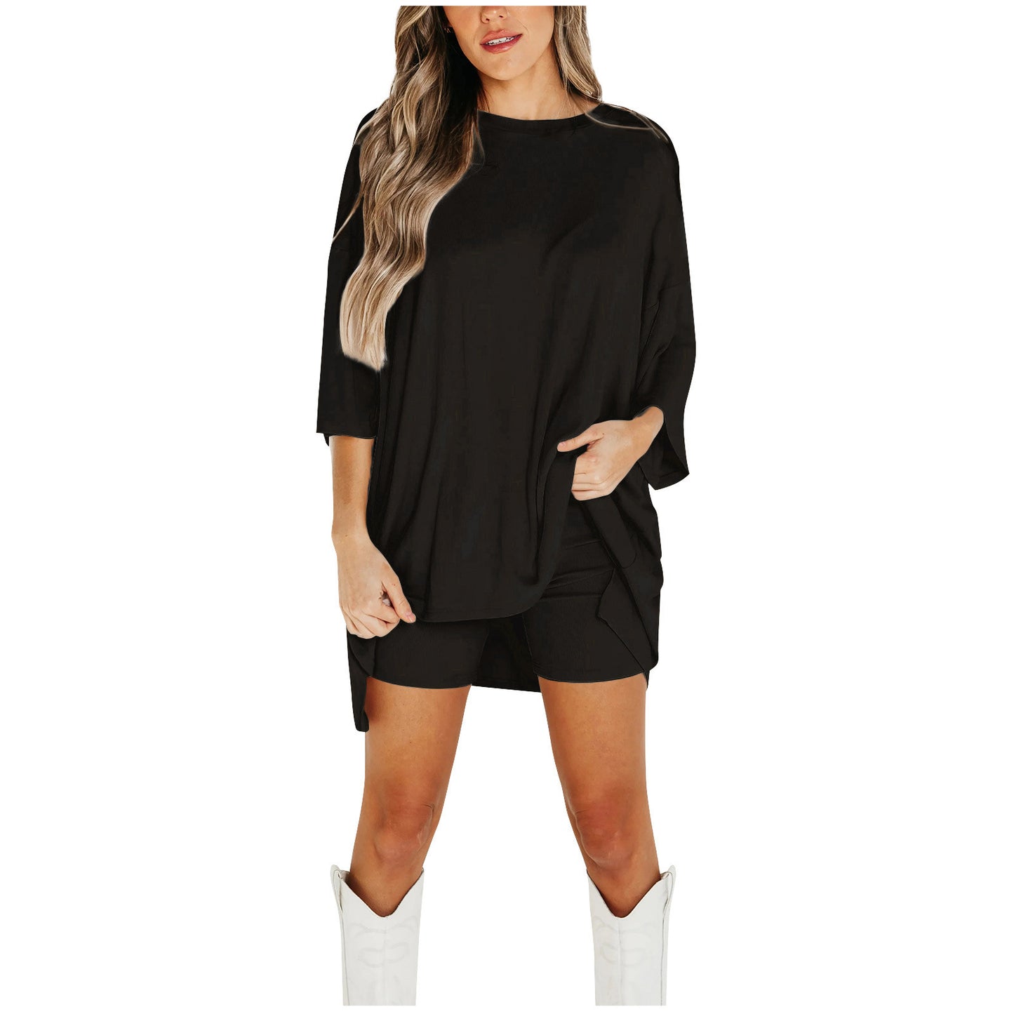 Fashion Solid Color Loose Oversized Shirt with matching Shorts