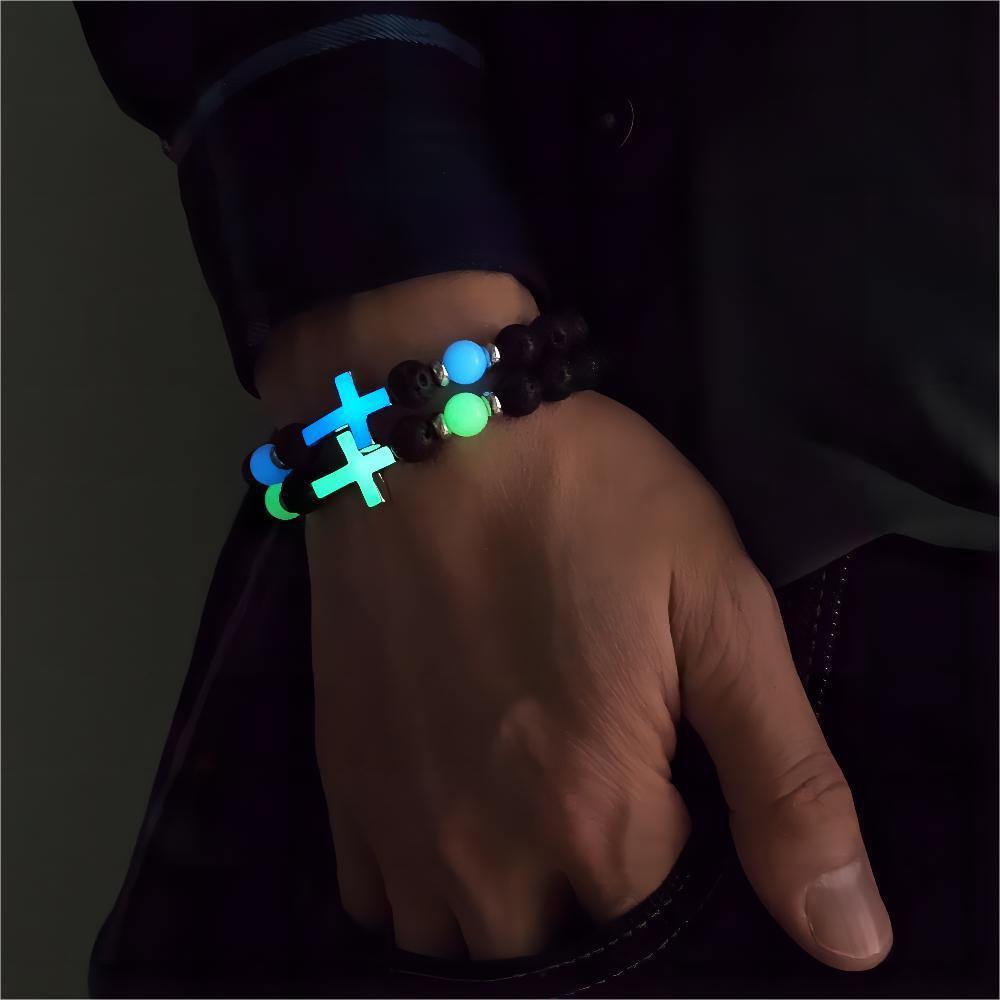 Volcanic Rock Luminous Glow Cross Bead Bracelet for Men and Woman