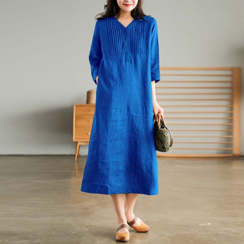 Loose Solid Color Cotton And Linen V-neck Dress