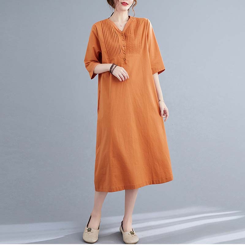 Loose Solid Color Cotton And Linen V-neck Dress